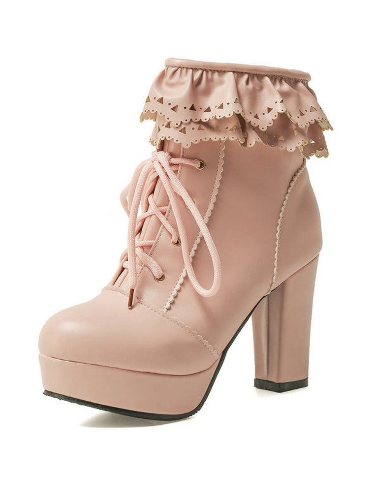 Vintage Rüschen Schnürung Klobig Hoher Absatz Stiefel