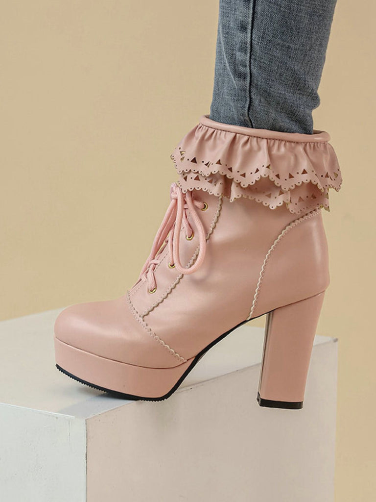 Vintage Rüschen Schnürung Klobig Hoher Absatz Stiefel