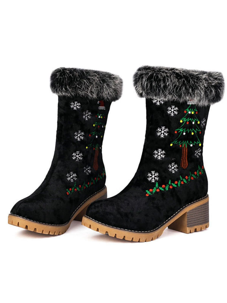 Vintage Weihnachtsbaum Schneeflocke Plüsch Klobig Ferse Stiefel