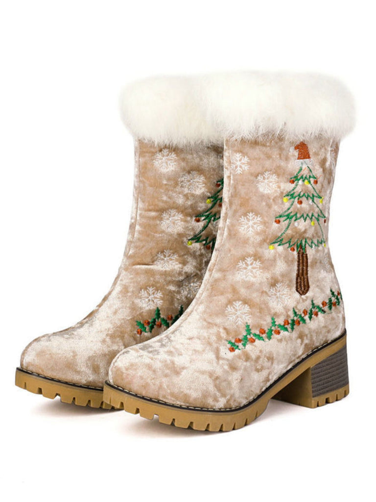 Vintage Weihnachtsbaum Schneeflocke Plüsch Klobig Ferse Stiefel