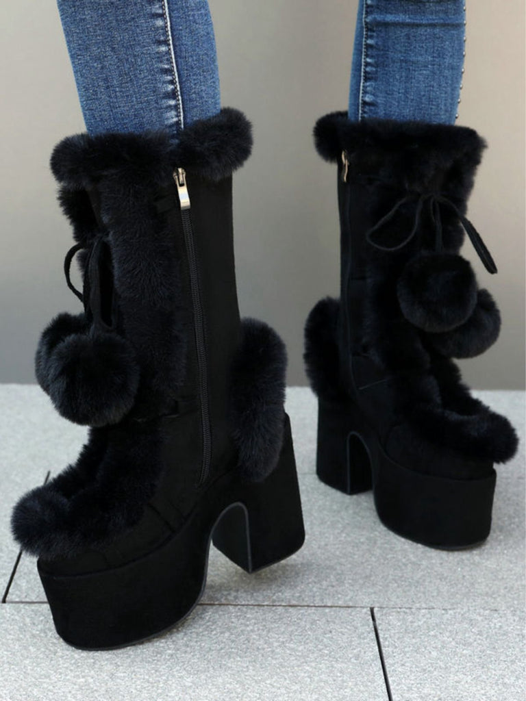 Vintage Kunstpelz Runden Zehe Hoher Absatz Stiefel