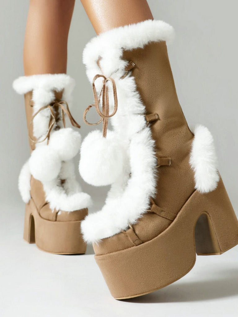 Vintage Kunstpelz Runden Zehe Hoher Absatz Stiefel