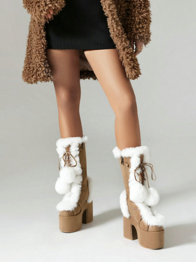 Vintage Kunstpelz Runden Zehe Hoher Absatz Stiefel