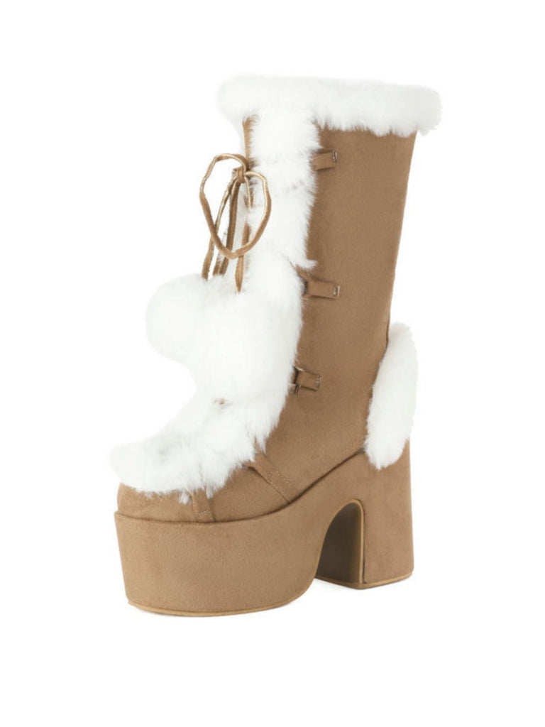 Vintage Kunstpelz Runden Zehe Hoher Absatz Stiefel