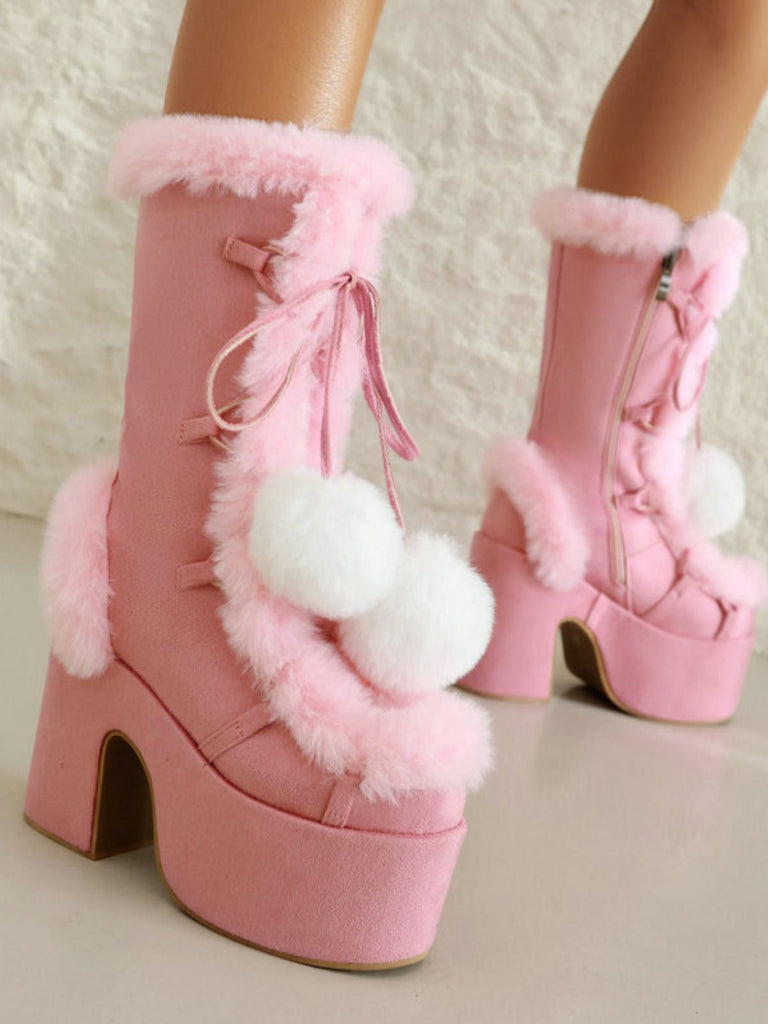 Vintage Kunstpelz Runden Zehe Hoher Absatz Stiefel