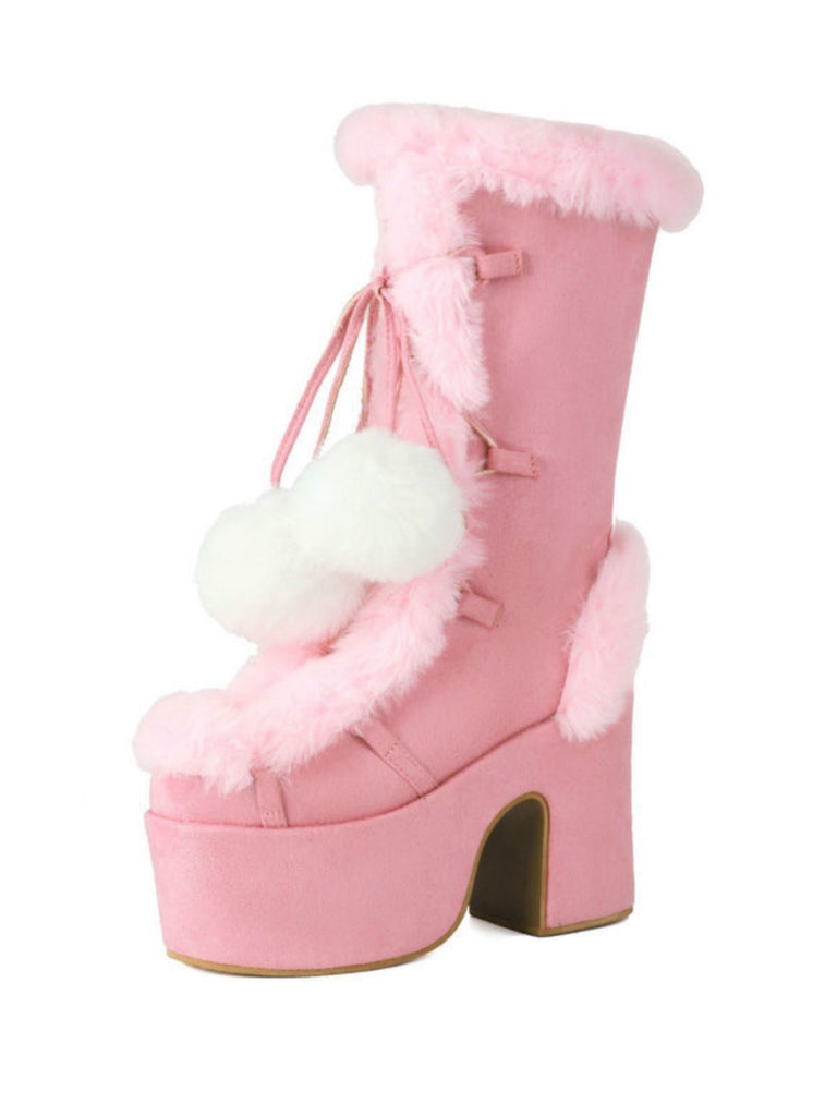 Vintage Kunstpelz Runden Zehe Hoher Absatz Stiefel