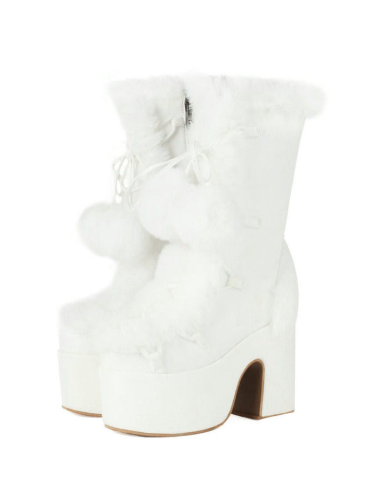 Vintage Kunstpelz Runden Zehe Hoher Absatz Stiefel