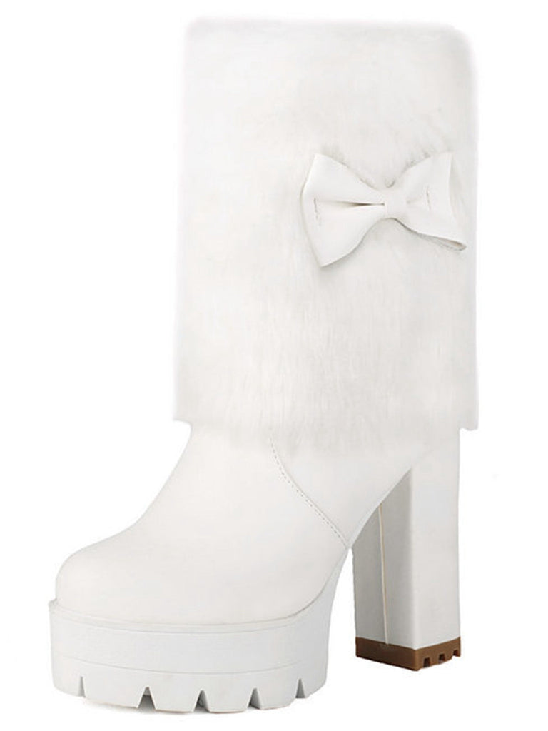 Vintage Bogen Plüsch Klobiger Absatz Stiefel