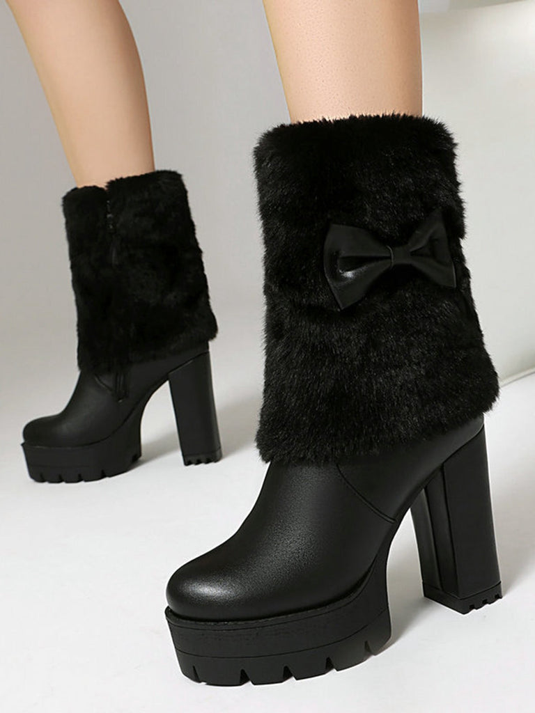 Vintage Bogen Plüsch Klobiger Absatz Stiefel