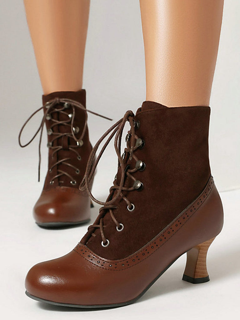 Vintage Farbblock Schnürung Viktorianisch Kurze Stiefel