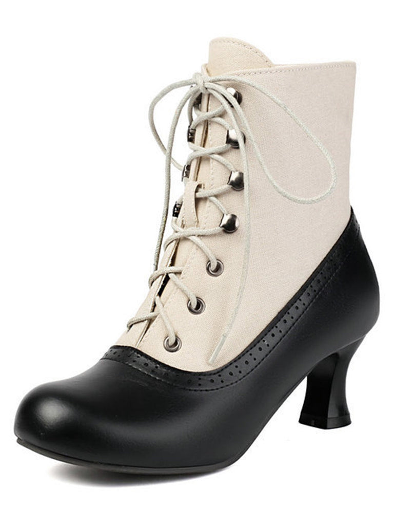 Vintage Farbblock Schnürung Viktorianisch Kurze Stiefel