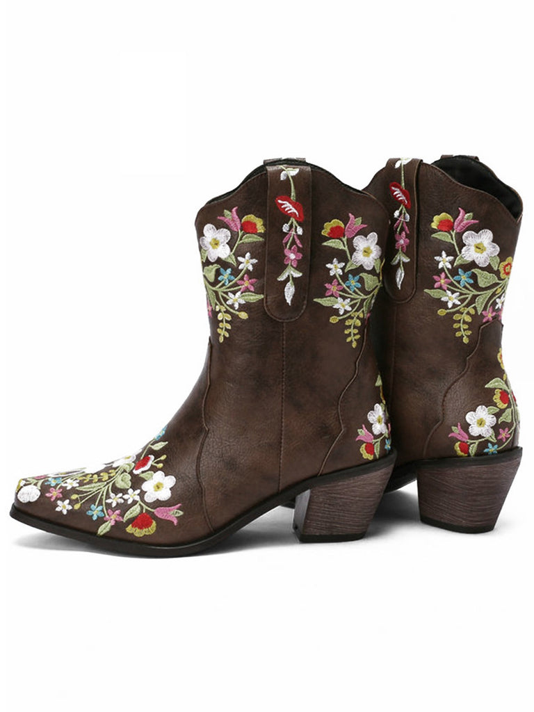 Vintage Spitze Besticktes Blumen Blockabsatz Stiefel