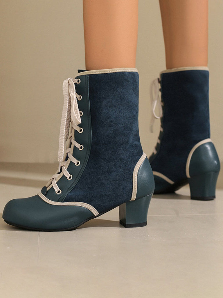 Vintage Schnürung Kunst Wildleder Leder Mittel Wade Stiefel