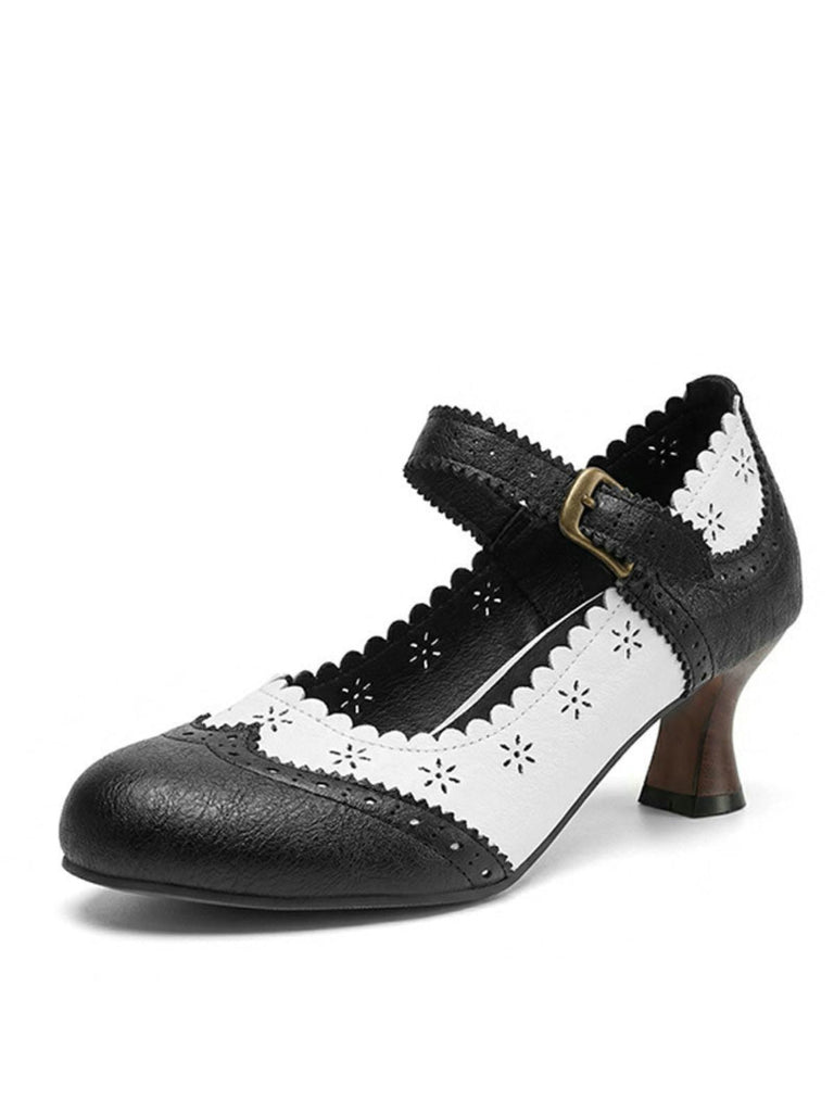 Vintage Brogue-Schuhe mit floralem Blumenmuster und klobigem Absatz, Größe 2