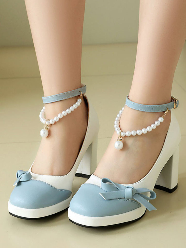 Farbblock-Schuhe mit Perlen und Schleife
