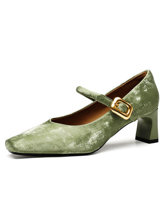 Grüne Mary-Jane-Schuhe mit Samt und Schnalle