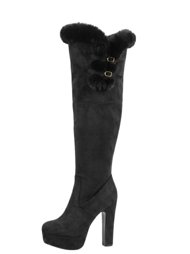 Vintage Overkneestiefel mit Kunstfellbesatz, Schnalle und Blockabsatz
