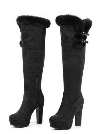 Vintage Overkneestiefel mit Kunstfellbesatz, Schnalle und Blockabsatz