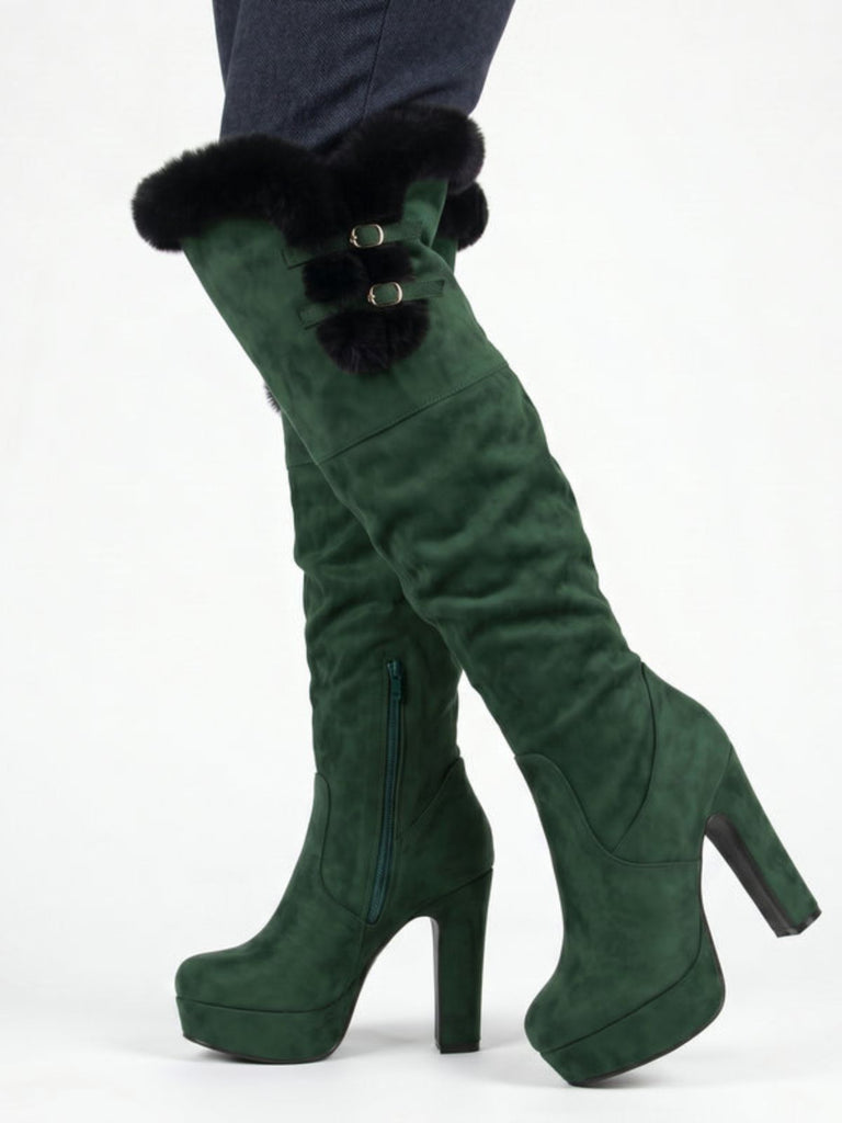 Vintage Overkneestiefel mit Kunstfellbesatz, Schnalle und Blockabsatz