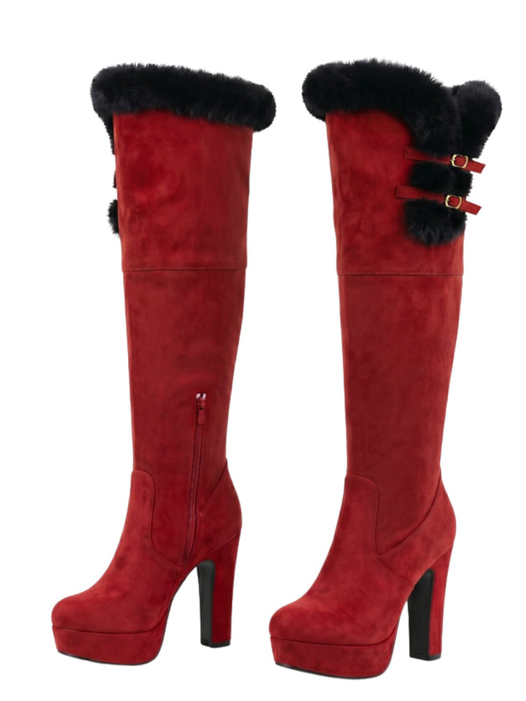 Vintage Overkneestiefel mit Kunstfellbesatz, Schnalle und Blockabsatz
