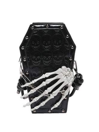 Gothic Sarg-Umhängetasche mit Skelett-Hand und Kreuz