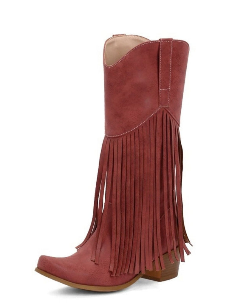 Schwarze Boho-Westernstiefel mit Fransen und Blockabsatz