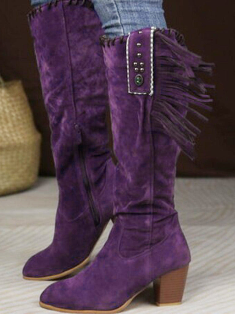 Wildleder-Stiefel mit Fransen, Nieten und Blockabsatz