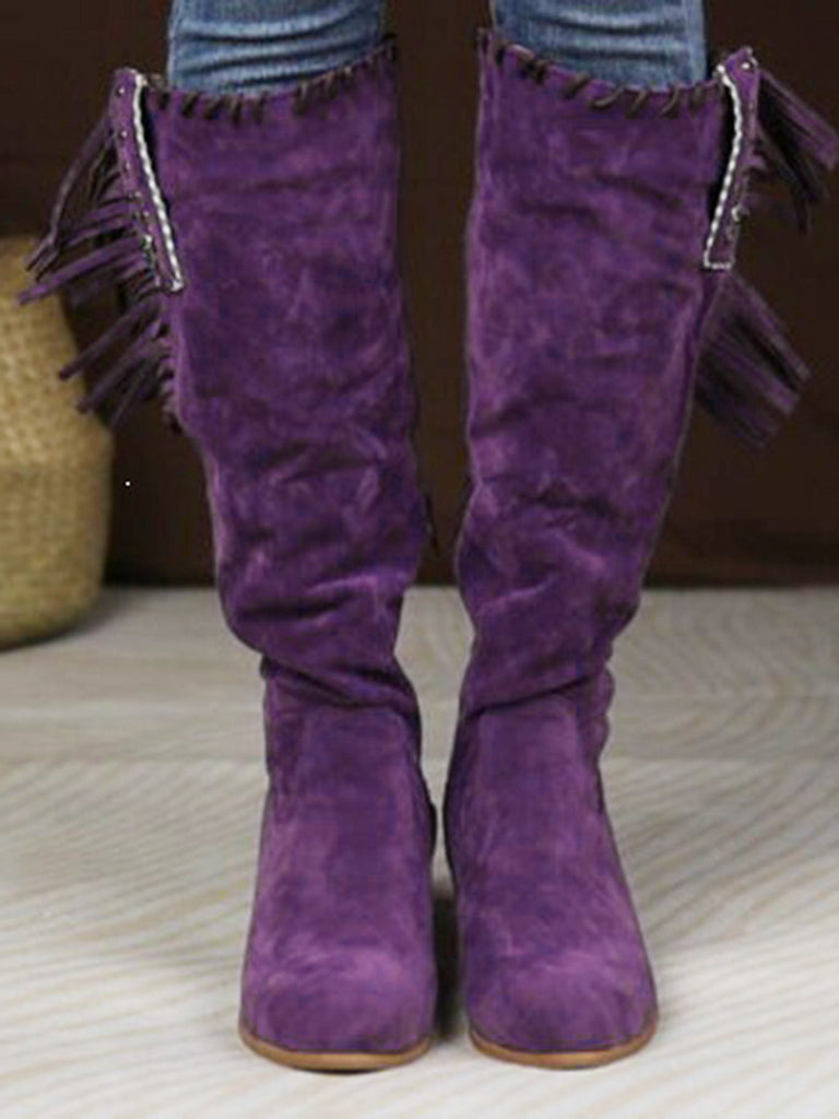 Wildleder-Stiefel mit Fransen, Nieten und Blockabsatz