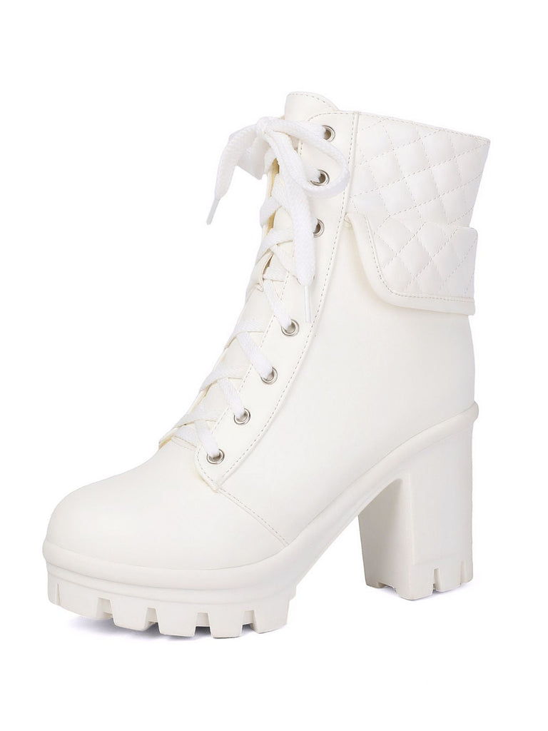 Leder-Combat-Boots mit Schnürung und Blockabsatz