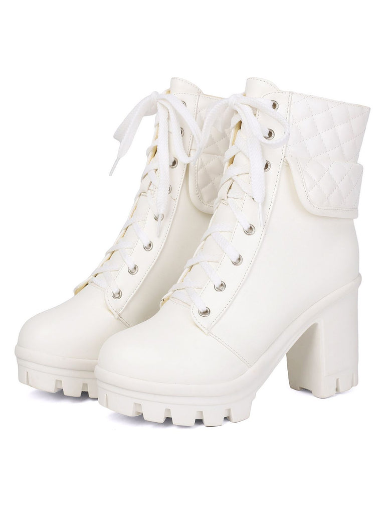 Leder-Combat-Boots mit Schnürung und Blockabsatz