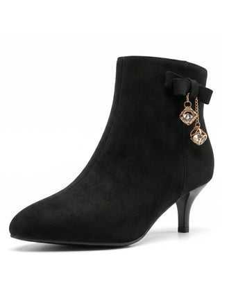 Schwarze Velours-Ankle-Boots mit Schleife und Kegelabsatz