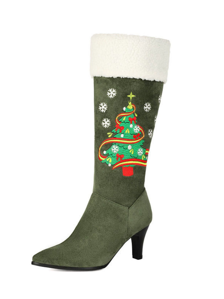 Vintage-Stiefel in Veloursoptik mit Weihnachtsbaumstickerei und hohem Absatz