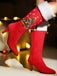 Vintage-Stiefel in Veloursoptik mit Weihnachtsbaumstickerei und hohem Absatz