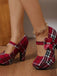 Rote karierte Mary-Jane-Pumps mit Schmetterling und Plateausohle