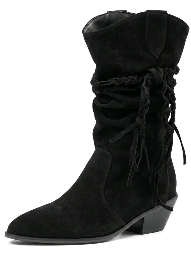 Schwarze wadenhohe Vintage-Westernstiefel aus Velours mit Flechtriemen