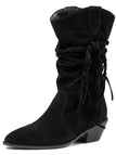 Schwarze wadenhohe Vintage-Westernstiefel aus Velours mit Flechtriemen