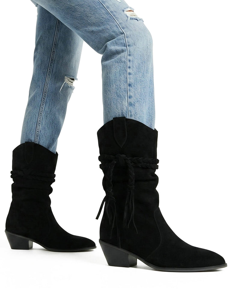 Schwarze wadenhohe Vintage-Westernstiefel aus Velours mit Flechtriemen