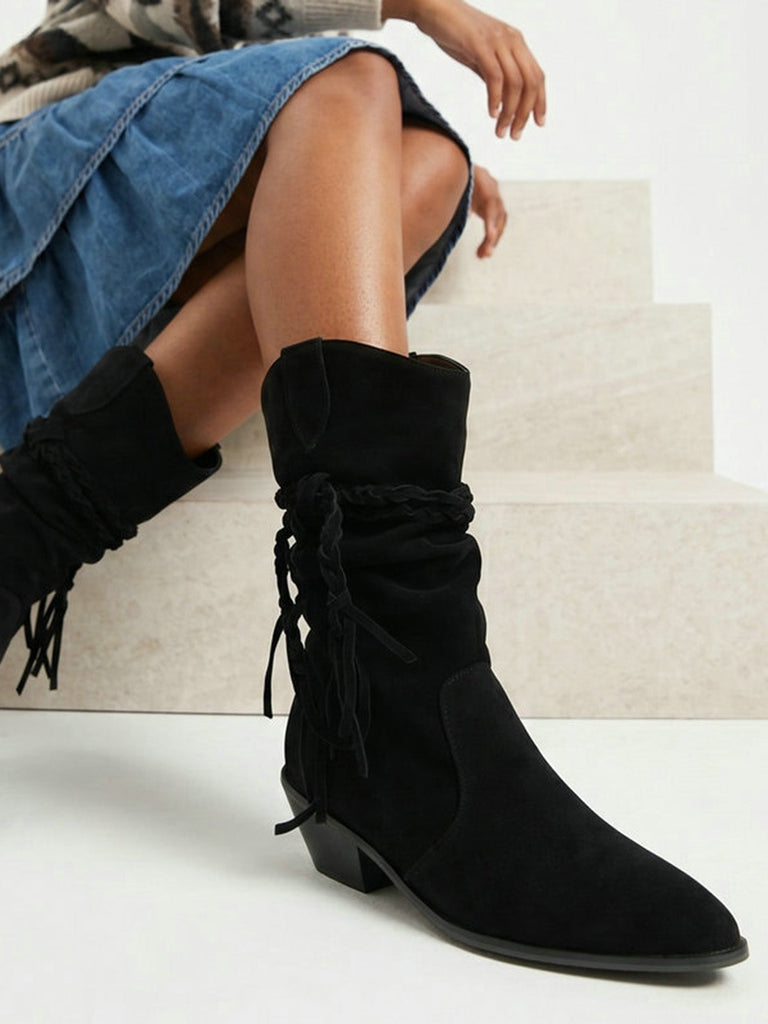 Schwarze wadenhohe Vintage-Westernstiefel aus Velours mit Flechtriemen