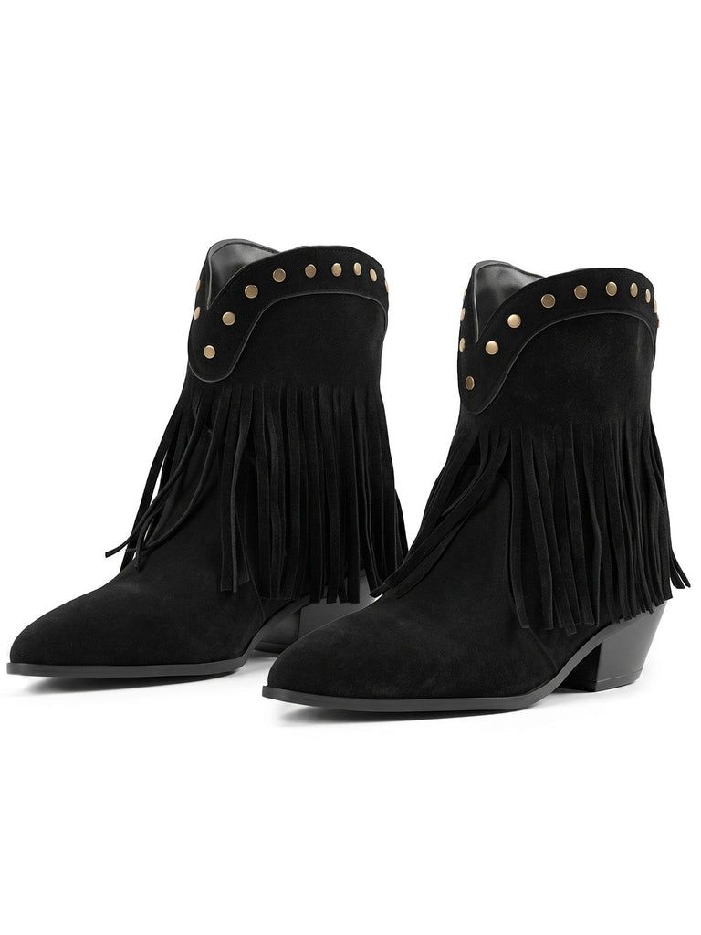 Schwarze halbhohe Westernstiefel mit Fransen und Nieten