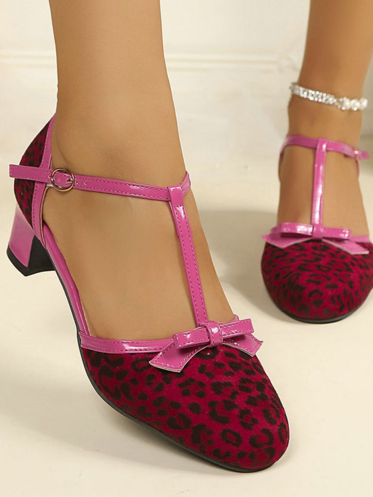 Vintage-T-Riemen-Pumps mit Schleife und Blockabsatz