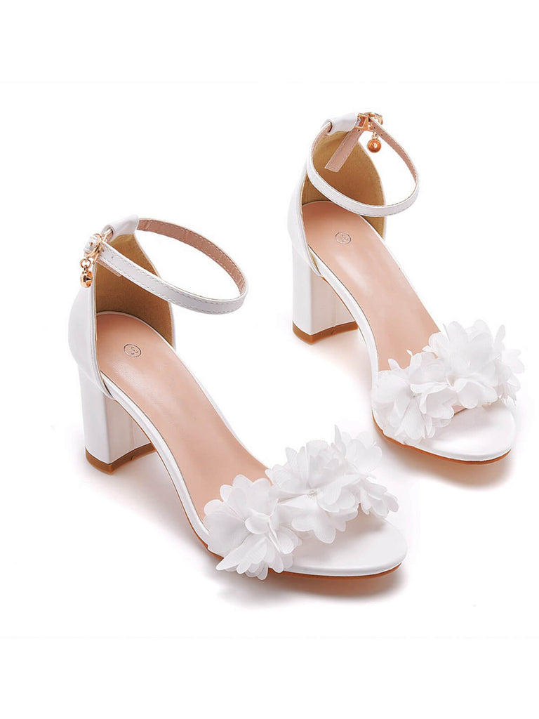 Weiß 3D Blume Klobiger Absatz Sandalen