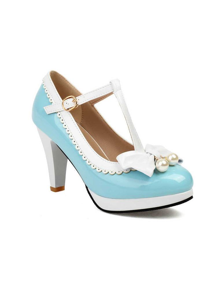 Retro Bogen Perle T-Riemen Kontrast High Heels