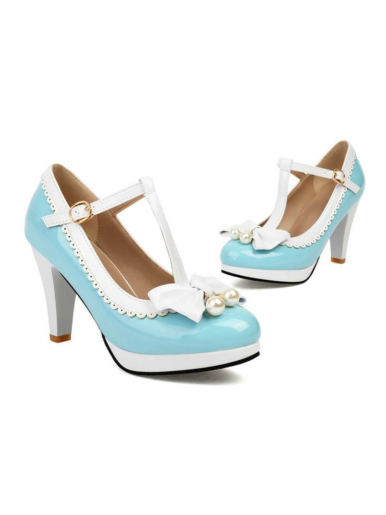 Retro Bogen Perle T-Riemen Kontrast High Heels