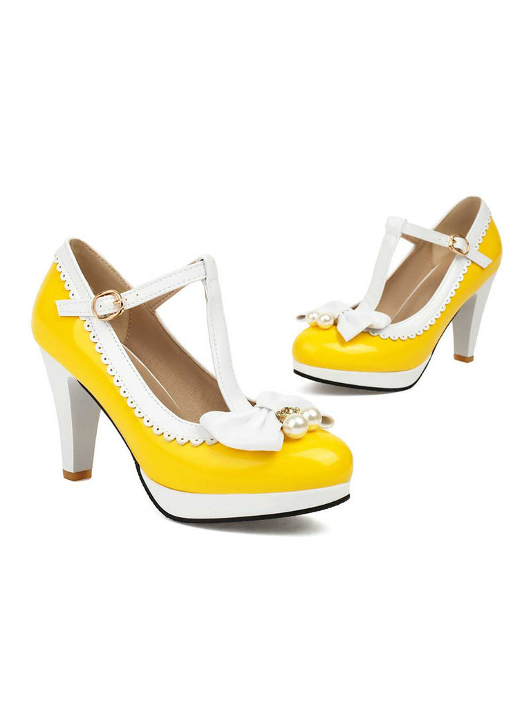 Retro Bogen Perle T-Riemen Kontrast High Heels