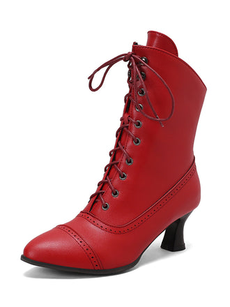 Rot Retro Leder Hohem Absatz Stiefel