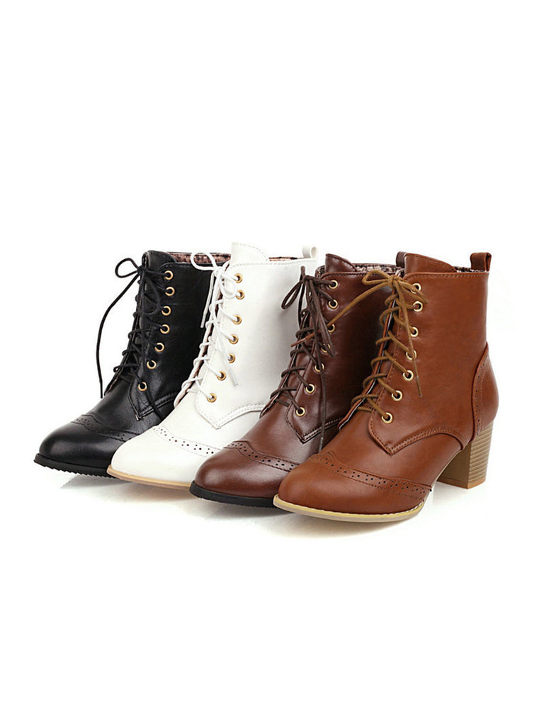 Retro Leder Medium Heel Schnürung Combat Kampfstiefel