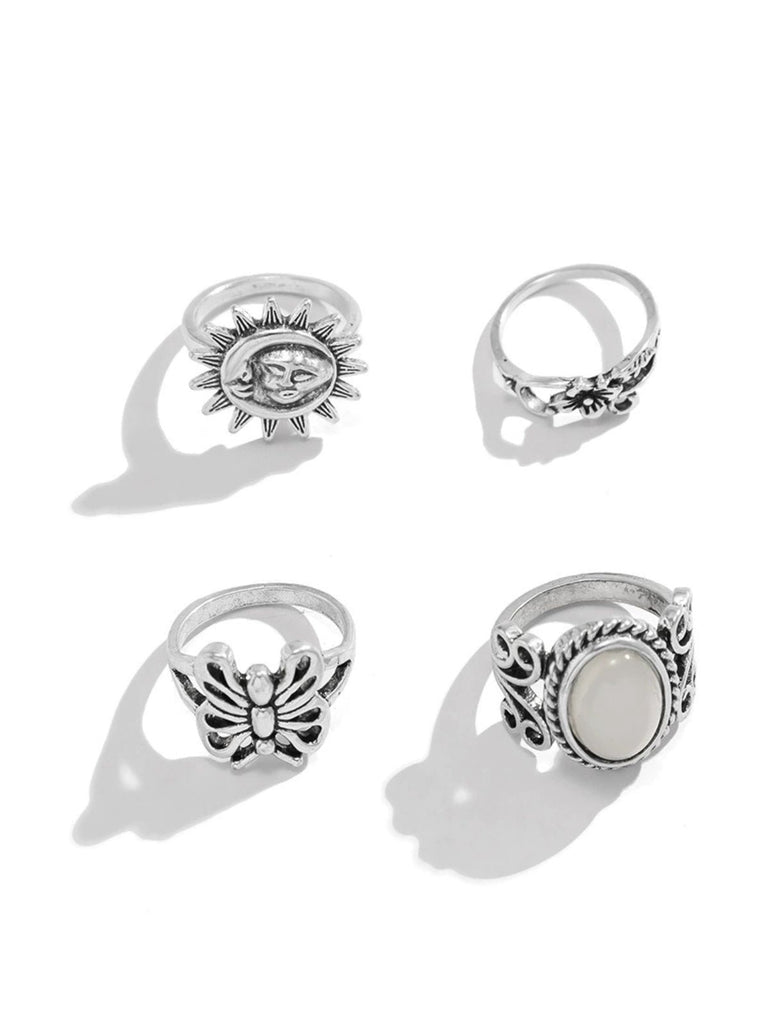 Silber Vintage Hippie Schmetterling Blumen Ring Set