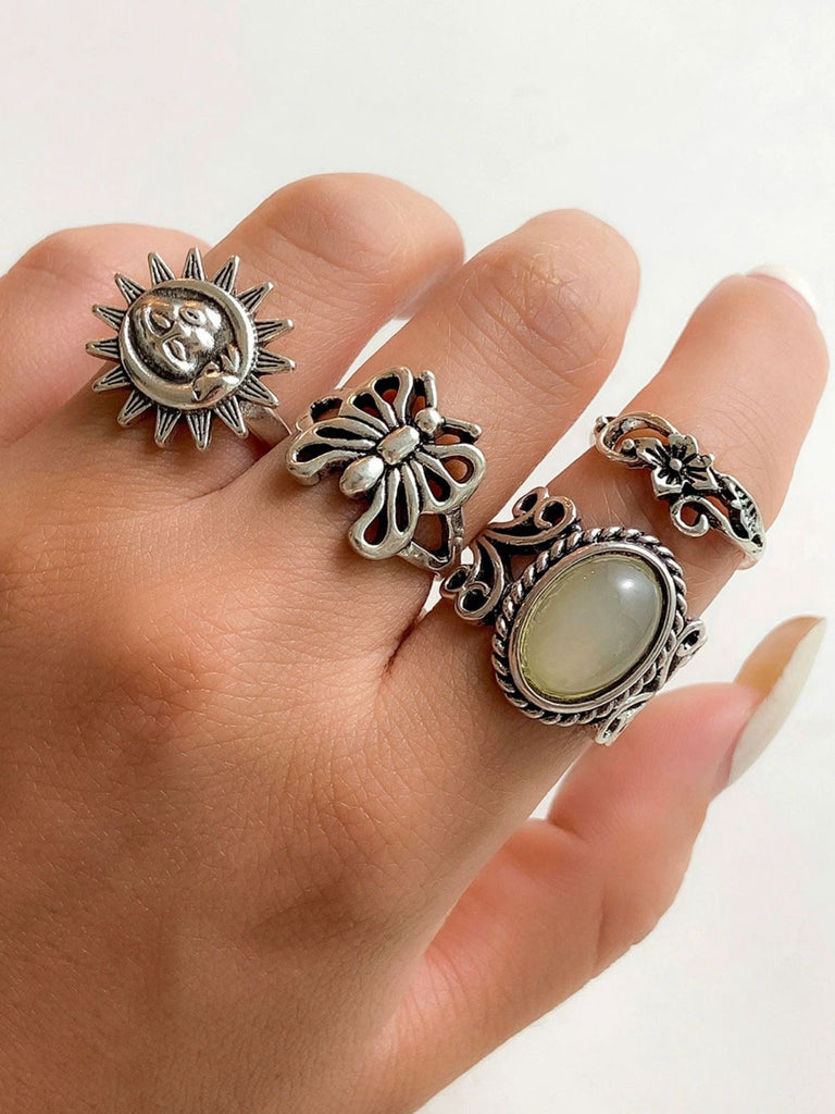 Silber Vintage Hippie Schmetterling Blumen Ring Set
