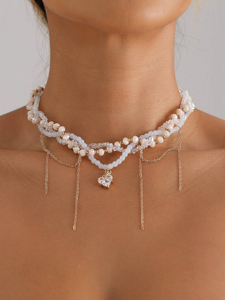 Weiß Herz Strassstein Anhänger Perlen Halskette