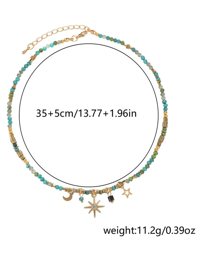 Boho-Halskette mit Perlen, Stern, Mond und Sonne-Anhänger in Türkis